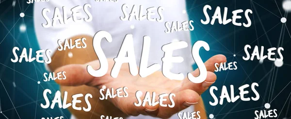 Podnikatel, drží prodejní ikon v jeho rukou 3d vykreslování — Stock fotografie