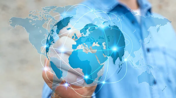 Podnikatel, drží globální sítě na planetě Zemi 3d vykreslování — Stock fotografie