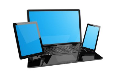 Dizüstü bilgisayar cep telefonu ve tablet 3d render birbirine bağlı
