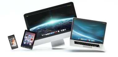 Modern bilgisayar dizüstü bilgisayar cep telefonu ve 3d rende yüzen tablet