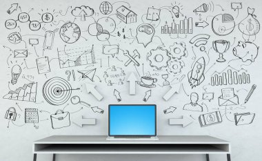 Resepsiyon üzerinde gri bir duvara yazılmış el yazması proje sunumu