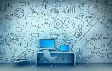 Resepsiyon üzerinde mavi bir duvara yazılmış el yazması proje sunumu