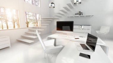 Bilgisayarı ve aygıtları 3d render ile modern beyaz ofis iç