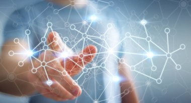 Veri ağı parmağıyla 3d render dokunmadan işadamı