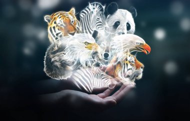Person holding fractal endangered animal illustration 3D renderi clipart