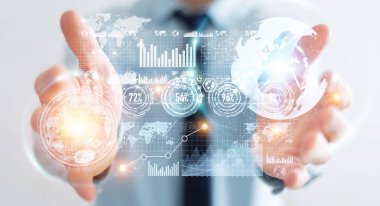 İşadamı hologram ekran dijital veriler 3d renderin ile kullanma