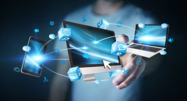 İşadamı teknik cihazlar ve simgeler uygulamaları 3d re bağlanılıyor