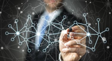 Dijital veri ağı 3d render kalemle çizim işadamı