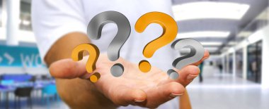 Soru işaretleri 3d render elinde tutan işadamı