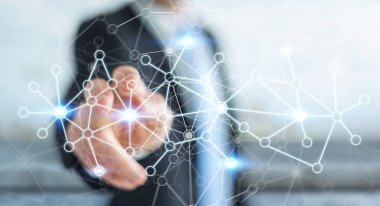 Veri ağı parmağıyla 3d render dokunmadan işadamı