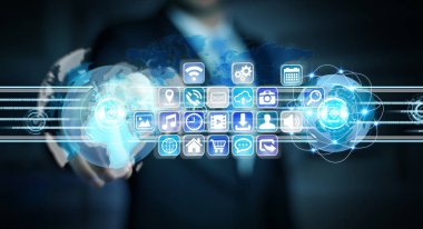 İşadamı dünyalar simgeler ve uygulamaları yazılım için bağlanma