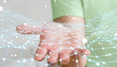 Uçan ağ nokta 3d render tutan işadamı