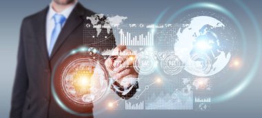 Dijital veriler dokunsal kalemle 3d render hareketli iş adamı