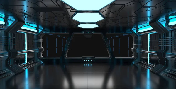 Nave espacial interior azul con elementos de renderizado en 3D de ventana vacía — Foto de Stock