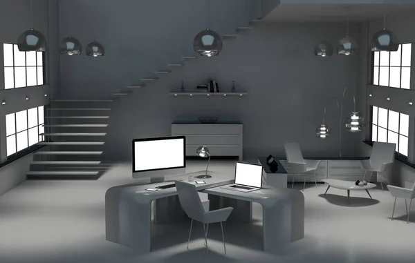 Intérieur moderne de bureau sombre avec ordinateur et appareils 3D re — Photo