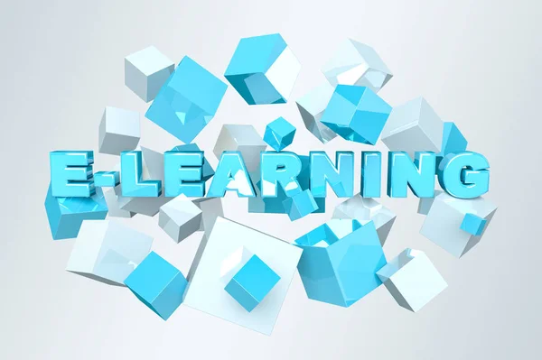 Floating 3D render e-learning presentation with cube — Stock Photo, Image