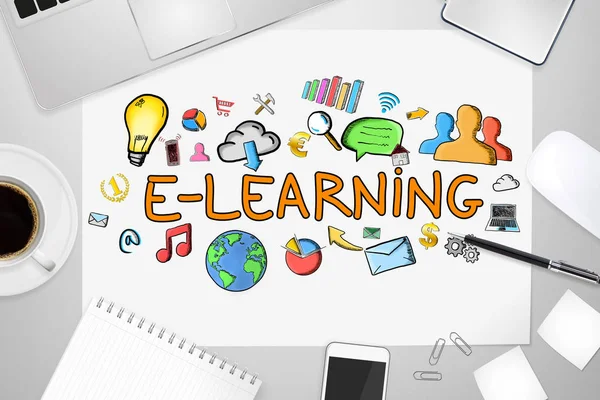 E-learning text and icons on office background — Stock Photo, Image