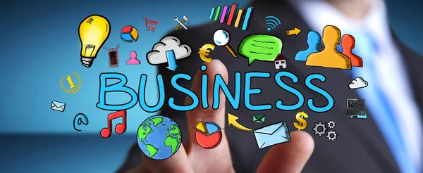 Biznesmen, dotykając prezentacji biznesowych rysowane ręcznie — Zdjęcie stockowe