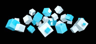 Mavi ve beyaz parlak küp 3d render yüzen