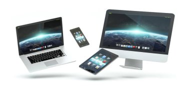 Modern bilgisayar dizüstü bilgisayar cep telefonu ve 3d rende yüzen tablet