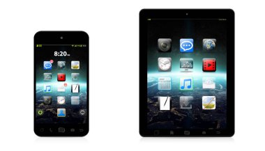 Modern dijital telefon ve beyaz arka planda 3d render tablet