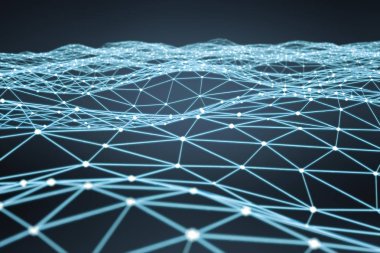 Beyaz ve mavi parlak nokta ağ 3d render yüzen