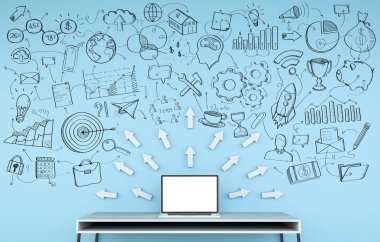 Resepsiyon üzerinde mavi bir duvara yazılmış el yazması proje sunumu