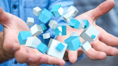 Mavi parlak küp 3d render uçan tutan işadamı