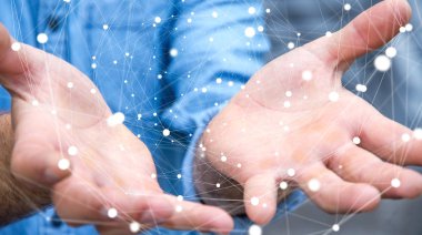 Uçan ağ küre 3d render tutan işadamı