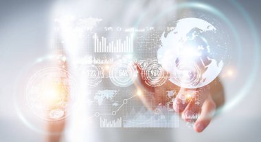 İşadamı hologram ekran dijital veriler 3d renderin ile kullanma