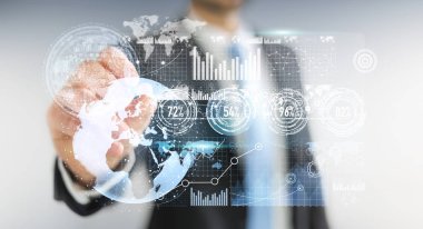 Dijital veriler dokunsal kalemle 3d render hareketli iş adamı