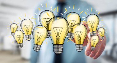 Çizilmiş ampul parmağıyla dokunmadan işadamı