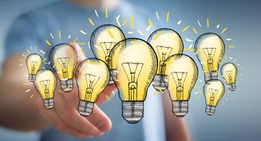 Çizilmiş ampul parmağıyla dokunmadan işadamı