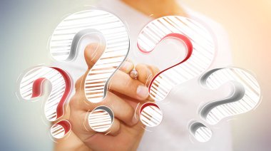 Soru işaretleri bir kalemle çizim işadamı