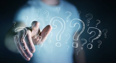 El dokunmadan işadamı soru işaretleri parmaklarıyla çizilmiş.