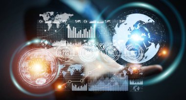 İşadamı hologram ekran dijital veriler 3d renderin ile kullanma