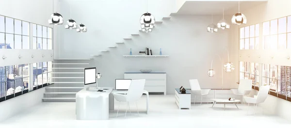 Intérieur moderne de bureau blanc avec ordinateur et appareils 3D render — Photo