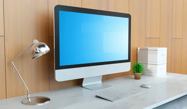 Modernes Desktop-Interieur mit silbernem Computer-3D-Rendering — Stockfoto