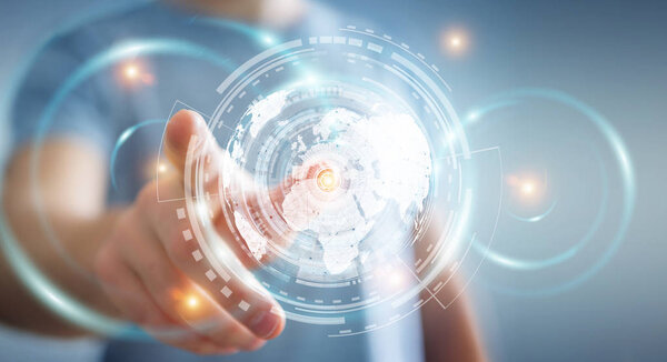 Businessman using hologram screen with digital datas 3D renderin