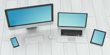 Modern bilgisayar dizüstü cep telefonu ve tablet 3d render