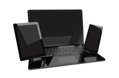 Dizüstü bilgisayar cep telefonu ve tablet 3d render birbirine bağlı