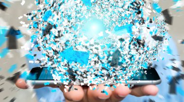 3D render veri ağ küre ile onun mobi kullanarak iş adamı