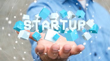 3D render başlangıç tanıtımı küp ile yüzen tutan adam