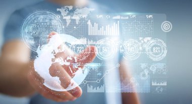 İşadamı hologram ekran dijital veriler 3d renderin ile kullanma