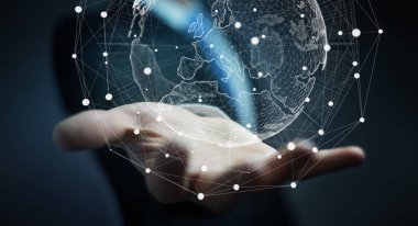 Küresel ağ seyyare yerküre 3d render tutan işadamı