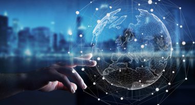 Planet Earth 3d render küresel ağ dokunmadan işadamı