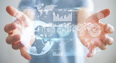 İşadamı hologram ekran dijital veriler 3d renderin ile kullanma