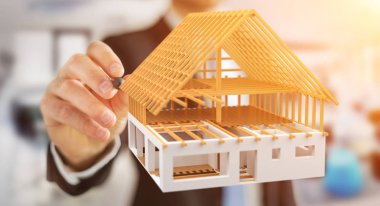 İşadamı 3D render bitmemiş planı ev bir pe ile çizim