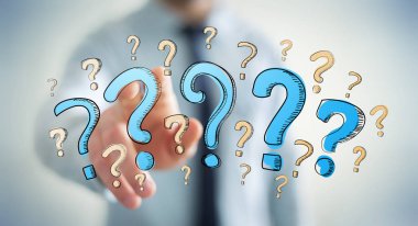 El dokunmadan işadamı soru işaretleri parmaklarıyla çizilmiş.