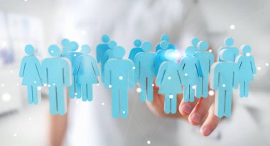 3D render birlikte grup insan onun finge dokunmadan işadamı